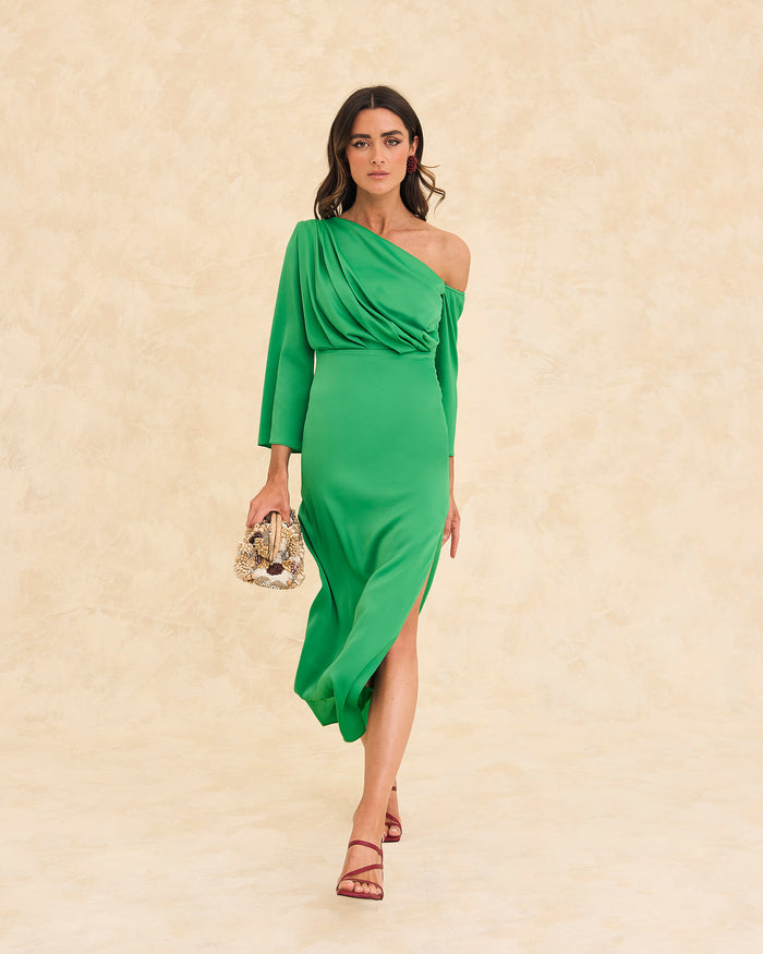 Vestido Etna Verde midi asimétrico de Lady Pipa para invitada de boda.