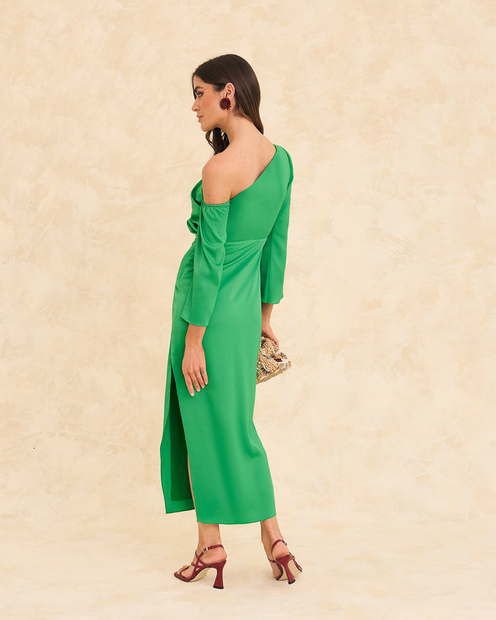 Vestido Etna Verde midi asimétrico de Lady Pipa para invitada de boda.