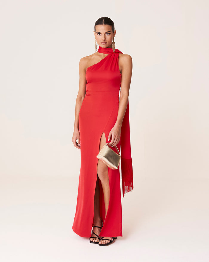 Vestido Luna Rojo maxi asimétrico de Lady Pipa para invitada de boda de noche.