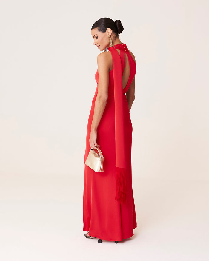 Vestido Luna Rojo maxi asimétrico de Lady Pipa para invitada de boda de noche.