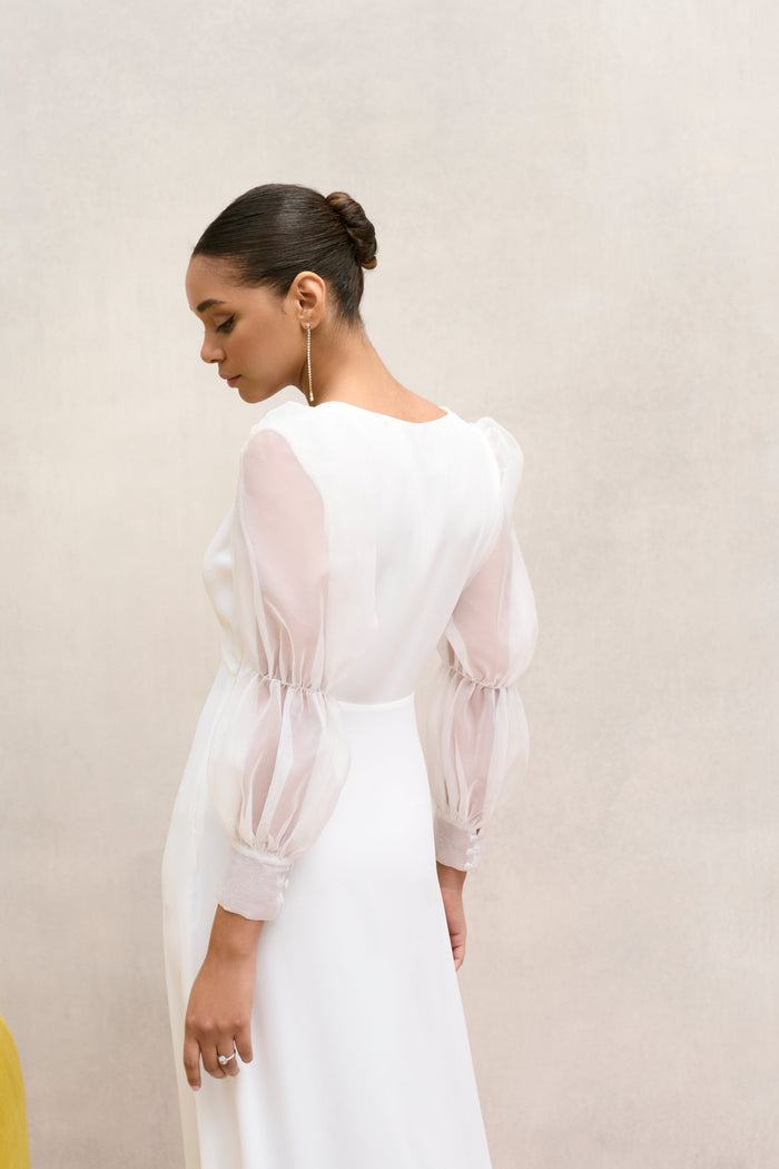 Vestido Narciso Blanco maxi de manga larga ceñido de Lady Pipa para novia.