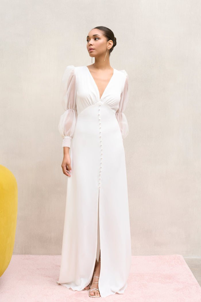 Vestido Narciso Blanco maxi de manga larga ceñido de Lady Pipa para novia.