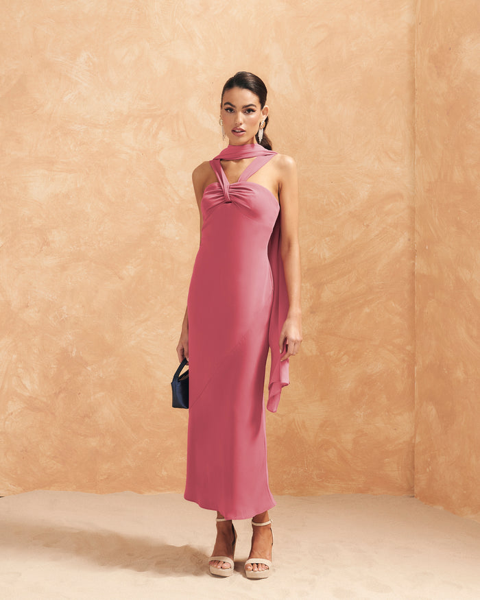Vestido Riviera Rosé midi halter asimétrico de Lady Pipa para invitada de boda.