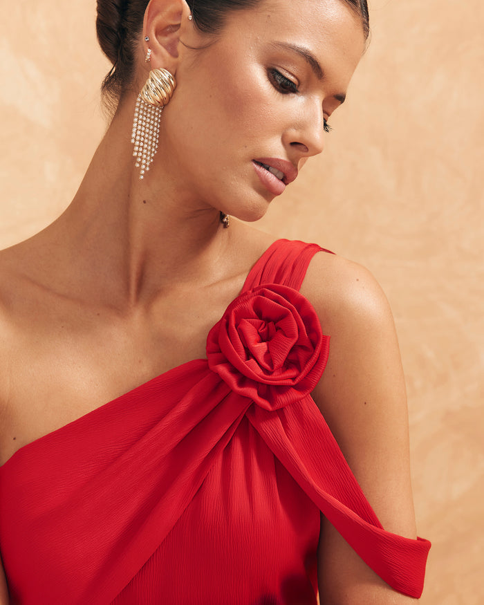 Vestido Rosae Rojo maxi asimétrico de Lady Pipa para invitada de boda de noche.