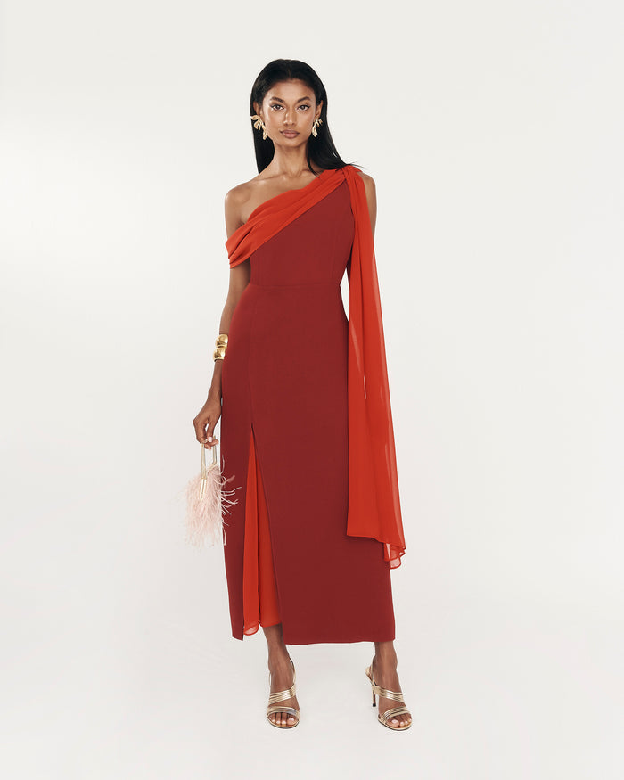 Vestido Sendai Rojo midi asimétrico ceñido de Lady Pipa para invitada de boda.