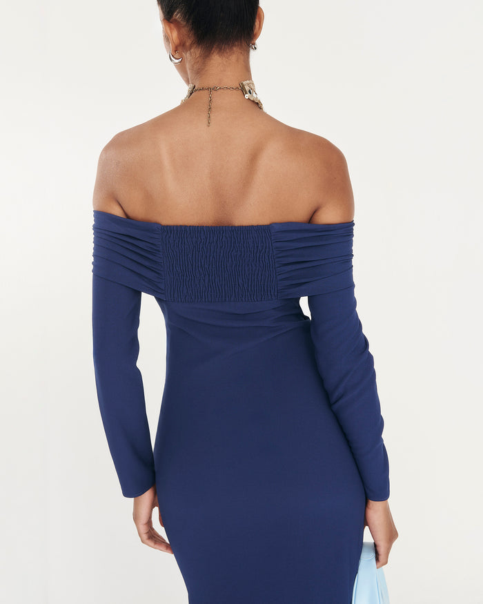 Vestido Tokyo Marino midi de manga larga de Lady Pipa para invitada de boda de noche.