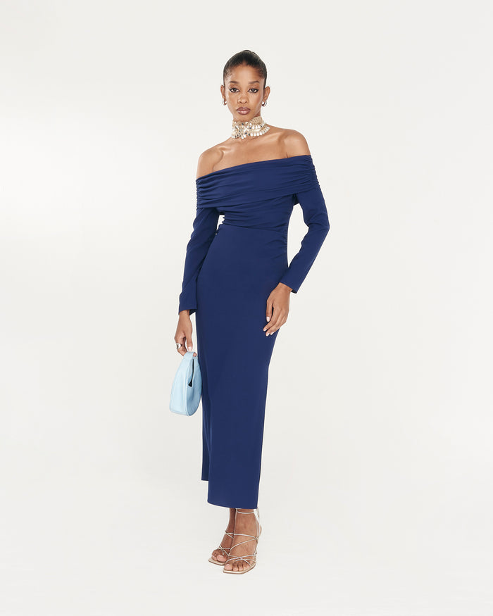 Vestido Tokyo Marino midi de manga larga de Lady Pipa para invitada de boda de noche.
