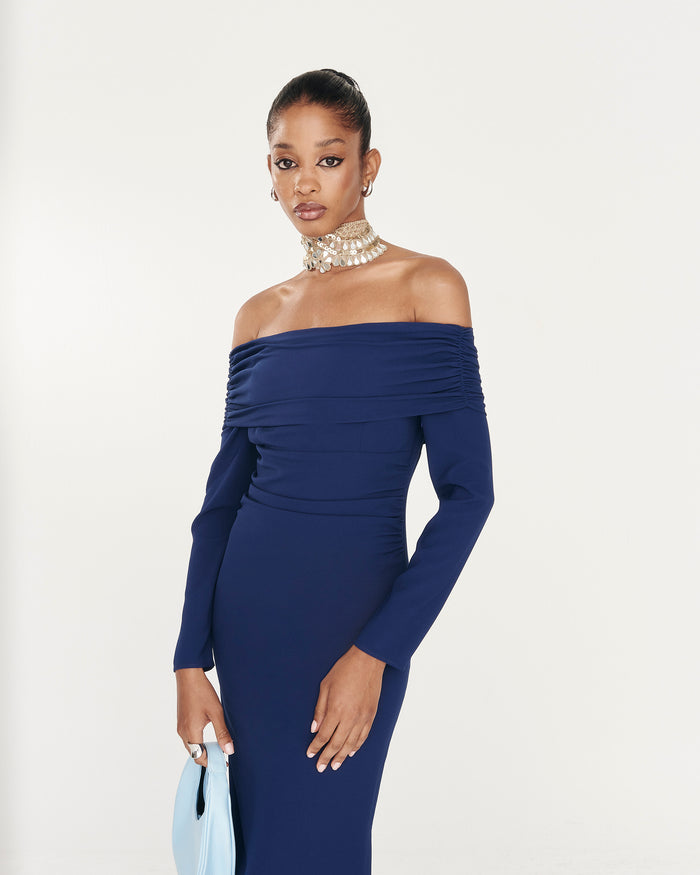 Vestido Tokyo Marino midi de manga larga de Lady Pipa para invitada de boda de noche.