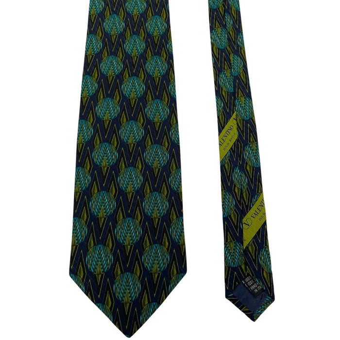 Vintage Valentino Green and Navy Blue Geometric Pattern Silk Tie