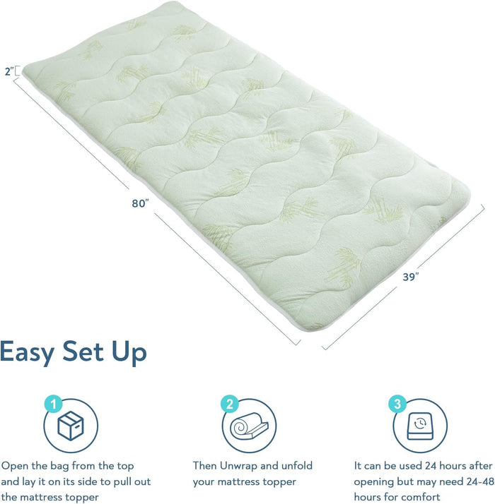 Viscose Twin XL Mattress Topper Pad, For College Dorm Room Essential, Light Green