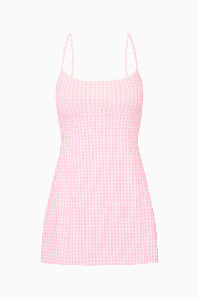 Pink gingham dress on a white background