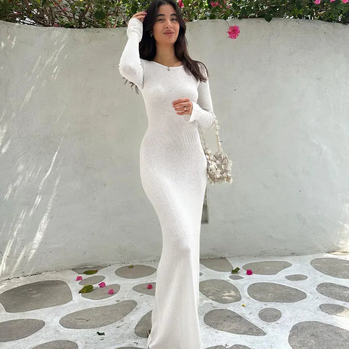 White Ribbed Bodycon Long Dress fashionnsio
