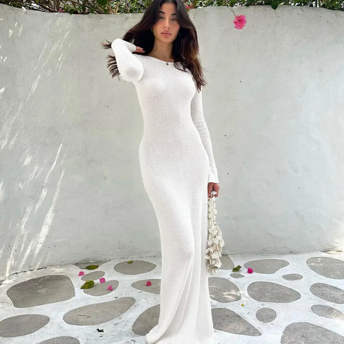 White Ribbed Bodycon Long Dress fashionnsio