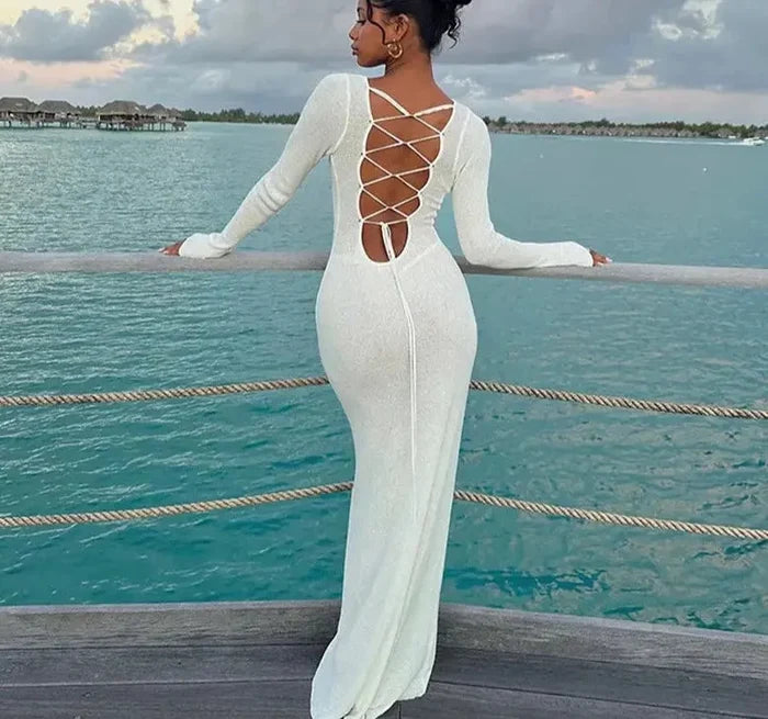White Ribbed Bodycon Long Dress fashionnsio