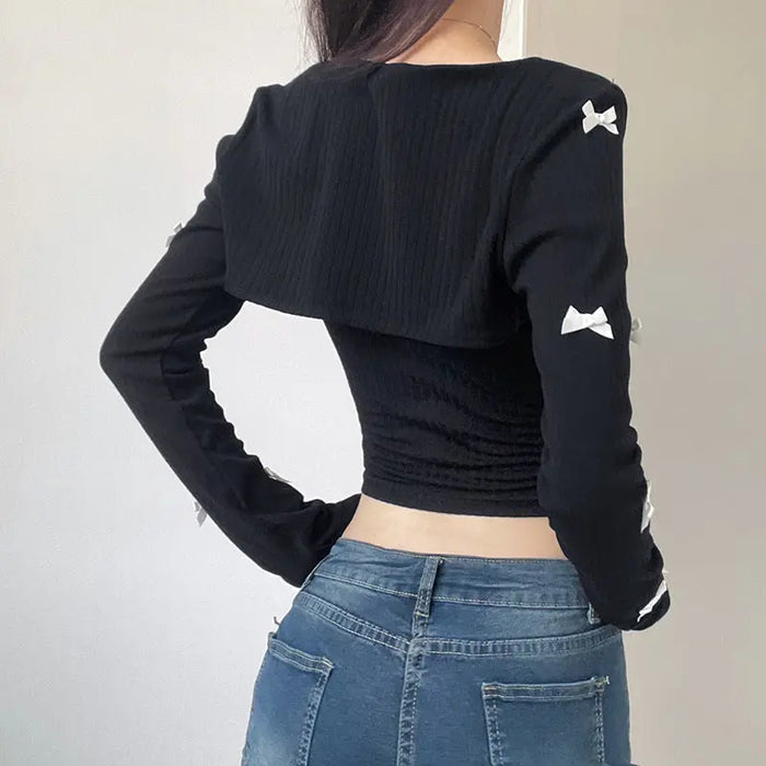 Y2k Bow Lace Top/Cardigan Two Piece Set fashionnsio