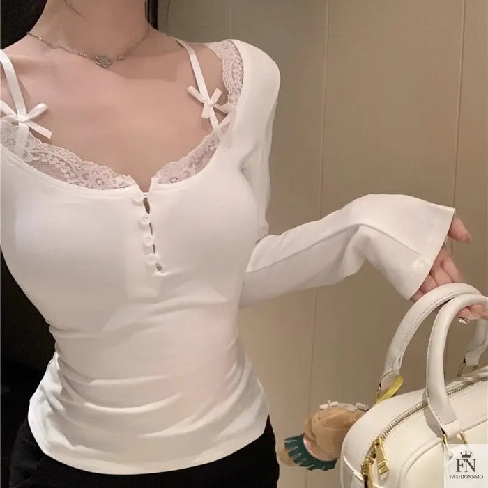 Y2K Button Lace Bow Top - Fashionnsio