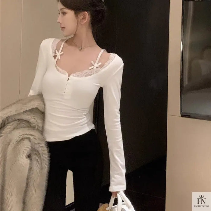Y2K Button Lace Bow Top - Fashionnsio