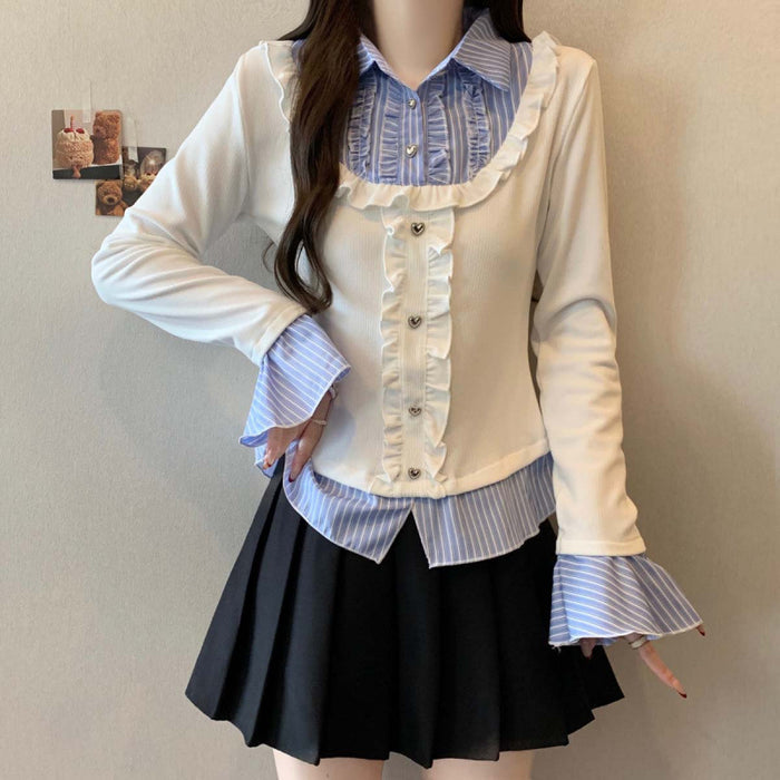 Y2K Collar Striped Korean Top - Fashionnsio