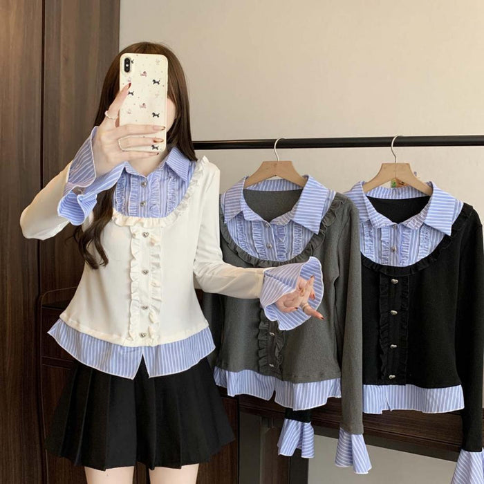 Y2K Collar Striped Korean Top - Fashionnsio