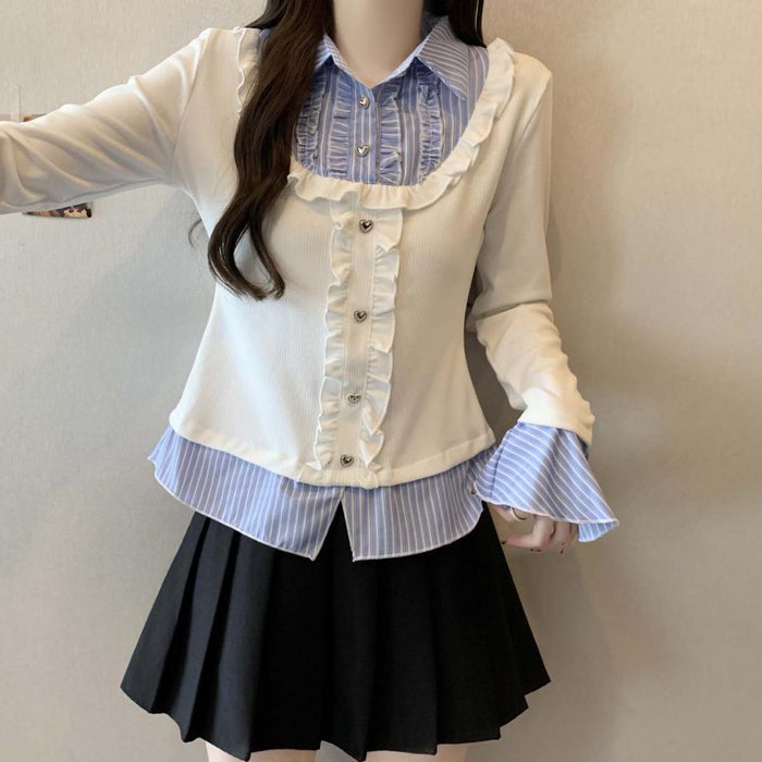 Y2K Collar Striped Korean Top - Fashionnsio