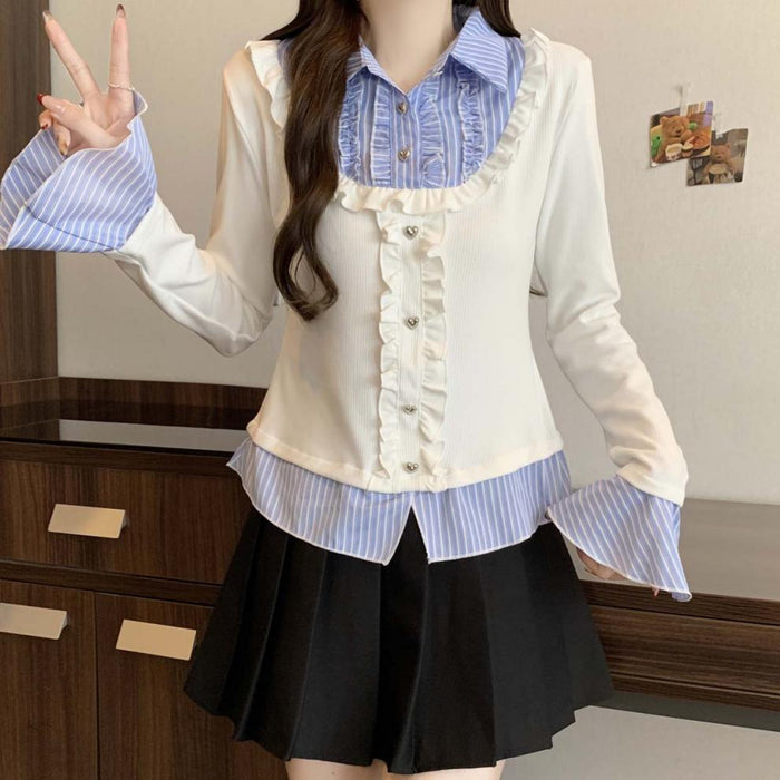 Y2K Collar Striped Korean Top - Fashionnsio