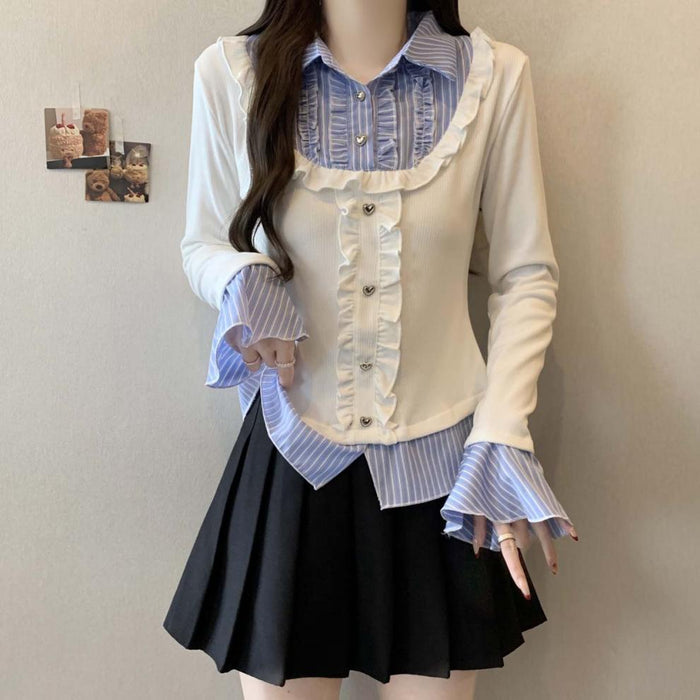 Y2K Collar Striped Korean Top - Fashionnsio