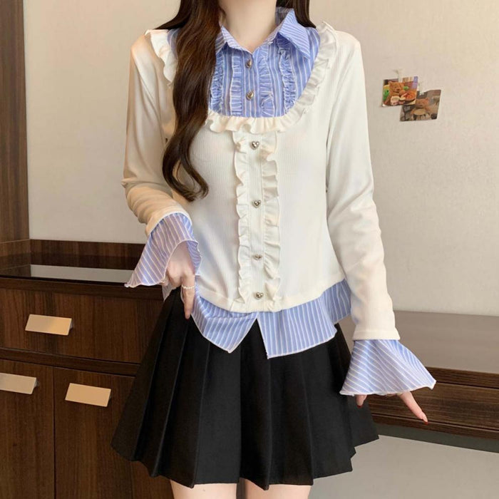 Y2K Collar Striped Korean Top - Fashionnsio
