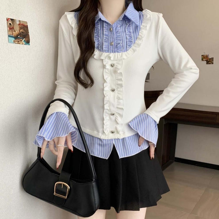 Y2K Collar Striped Korean Top - Fashionnsio