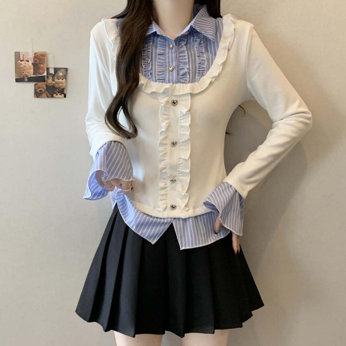 Y2K Collar Striped Korean Top - Fashionnsio