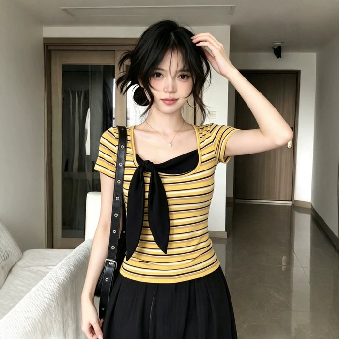 Y2K Striped Bow Top - Fashionnsio
