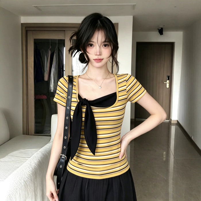 Y2K Striped Bow Top - Fashionnsio