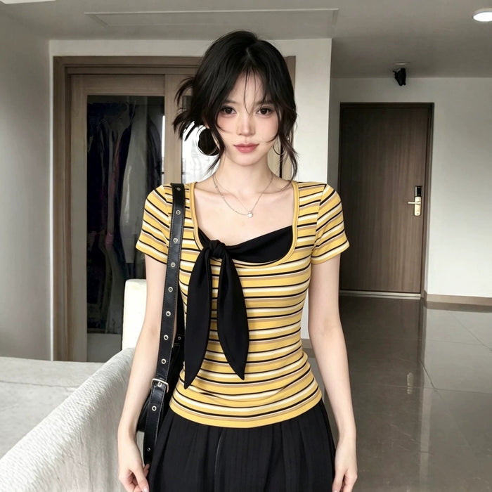 Y2K Striped Bow Top - Fashionnsio