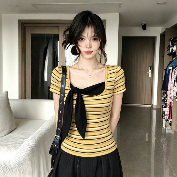 Y2K Striped Bow Top - Fashionnsio