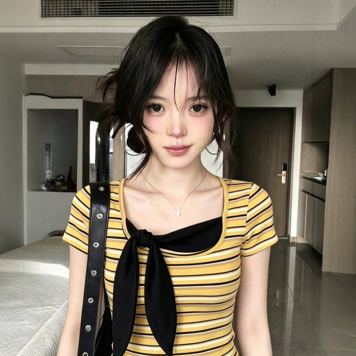 Y2K Striped Bow Top - Fashionnsio