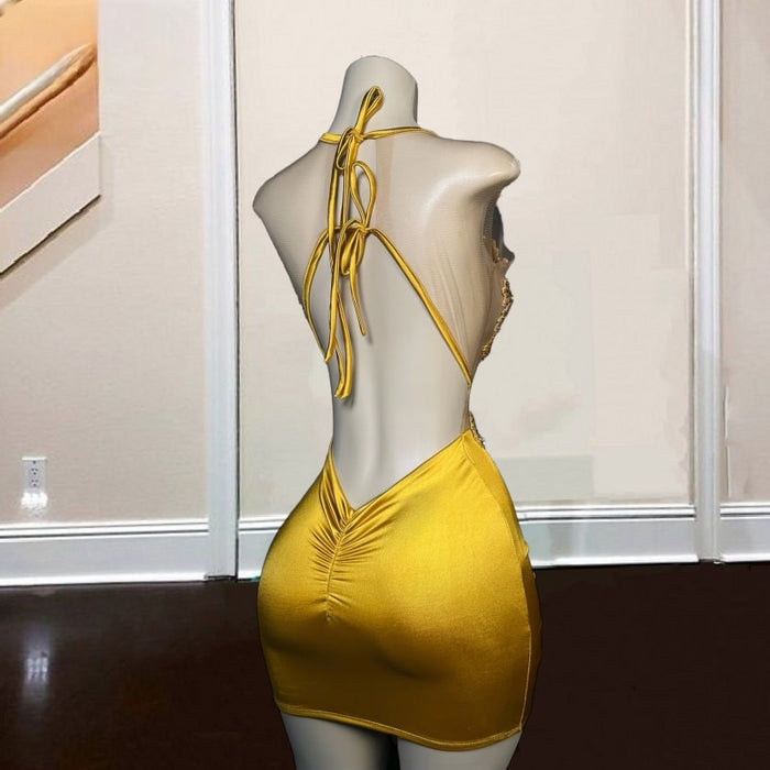 Yellow Rhinestone Sheer Neck Backless Cocktail Party Dress