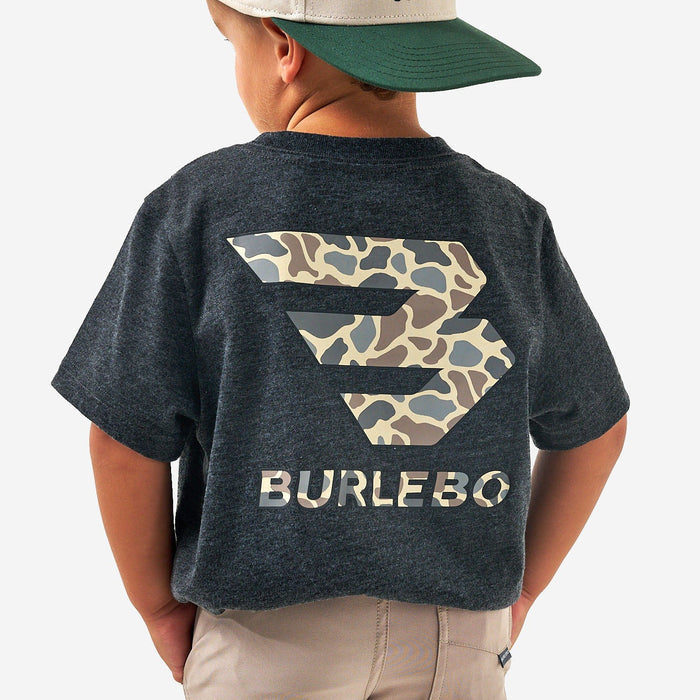 Youth Short Sleeve Tee - Flying B Deer Camo Logo - Heather Black