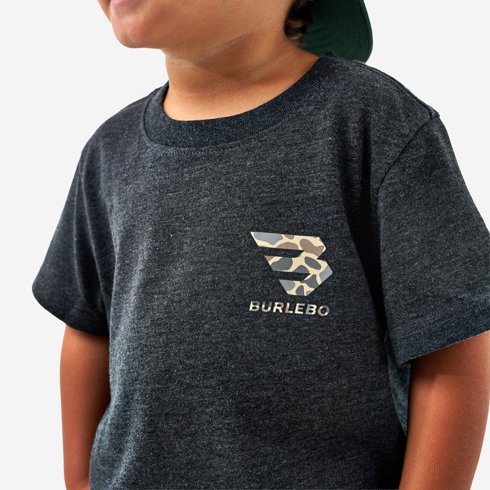 Youth Short Sleeve Tee - Flying B Deer Camo Logo - Heather Black