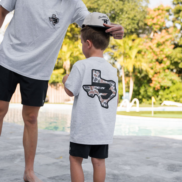 Youth Short Sleeve Tee - Texas Camo Flying B Logo - Heather Ash Grey