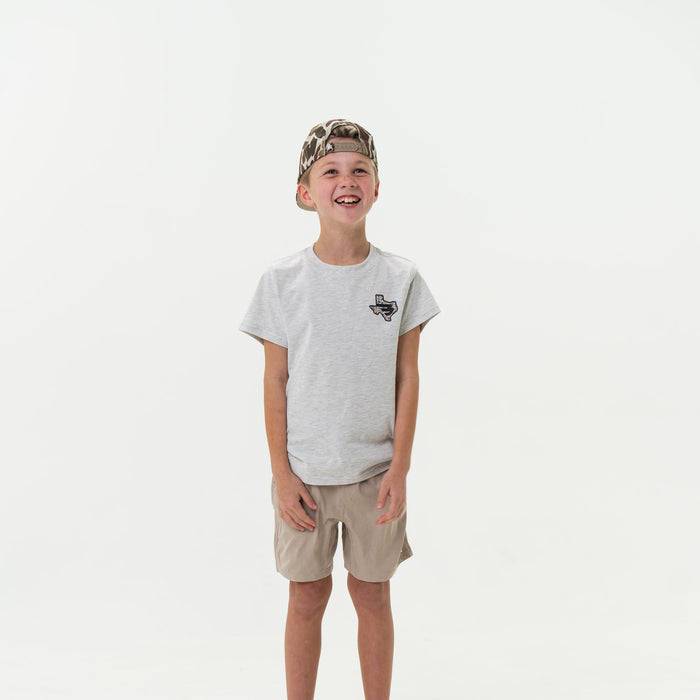 Youth Short Sleeve Tee - Texas Camo Flying B Logo - Heather Ash Grey