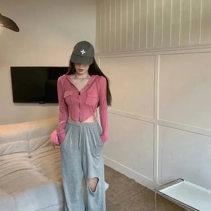 Zip Up Crop Hoodie Top - Fashionnsio