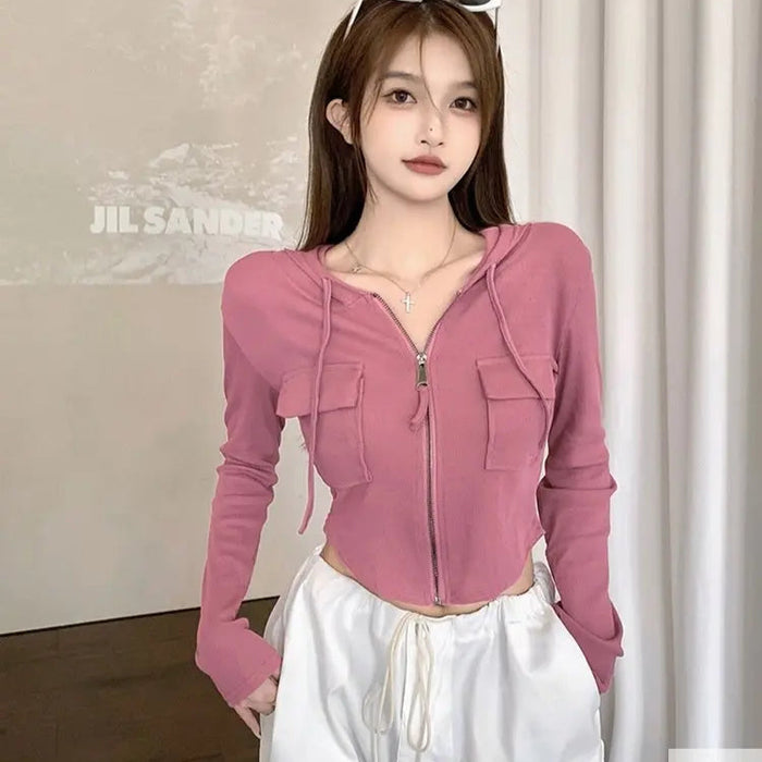 Zip Up Crop Hoodie Top - Fashionnsio