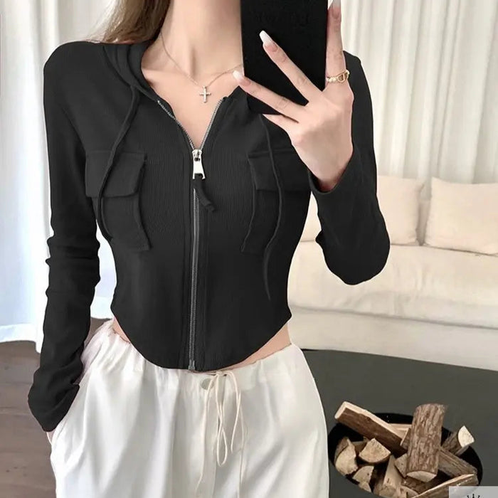 Zip Up Crop Hoodie Top - Fashionnsio
